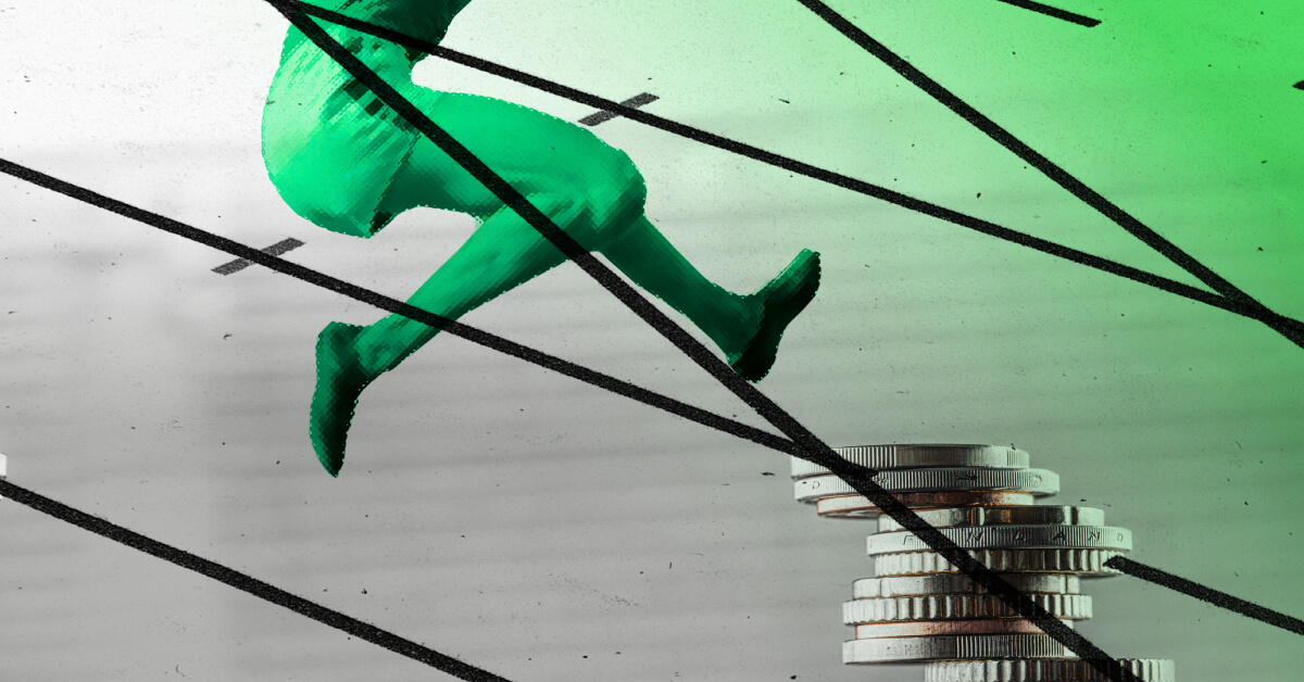 An illustration of a person jumping over a stack of coins, showcasing fintech.