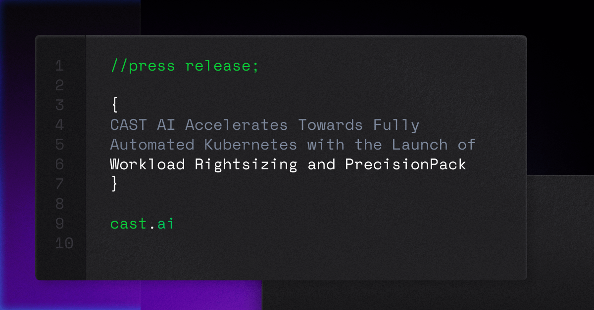 A black screen with a text that reads,'cst ai accelerates fully with the launch of kobe, leveraging Kubernetes for workload rightsizing.