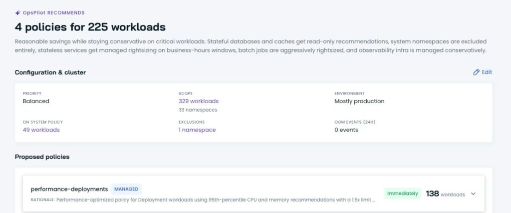 Cast AI's Dashboard > OpsPilot Policies Review Screenshot
