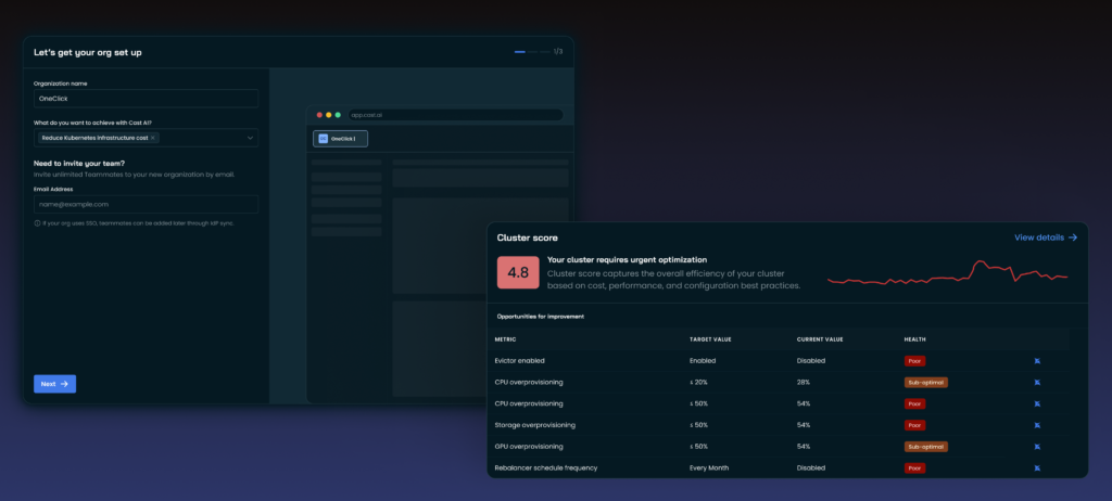 Cast AI console dark mode activated composition of screens